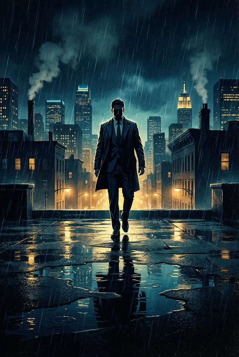 电影潜规则 出品影片《雨夜独行者》海报，雨中城市屋顶男性剪影